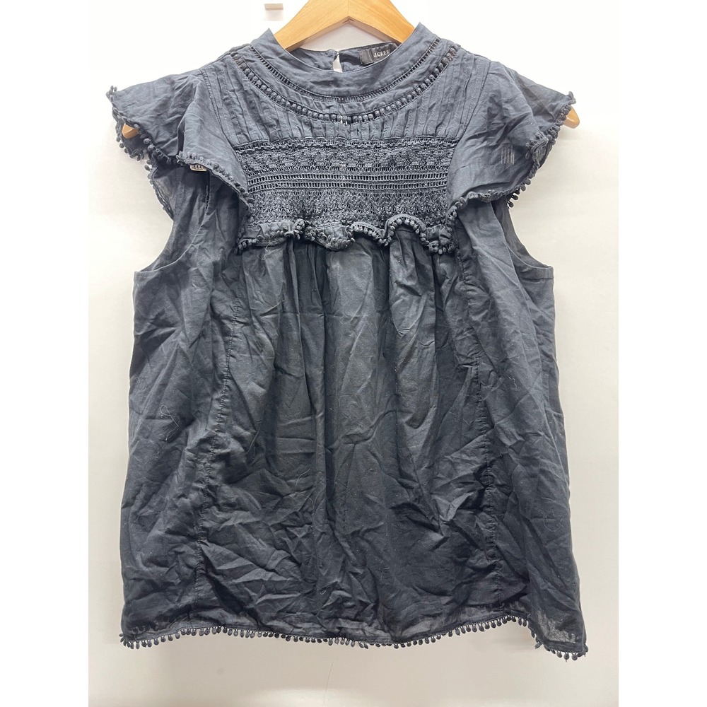 J.Crew Black Smocked Crochet Lace Flutter Sleeve Blouse Pom Pom Trim Small
